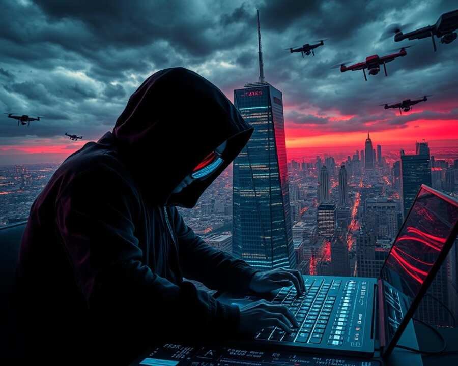 A gritty, high-contrast cyberpunk scene depicting a shadowy hacker launching a cyber espionage attack. In the foreground, a hooded figure hunched over a holographic display, fingers flying across a futuristic keyboard. Neon-lit data streams and lines of code cascade across the screen, reflecting off their goggles. In the middle ground, a towering glass skyscraper under a stormy, turbulent sky, glowing windows hinting at the chaos within. In the background, a vast urban sprawl, skyscrapers and surveillance drones silhouetted against an ominous crimson horizon. The mood is tense, foreboding, and technologically advanced.