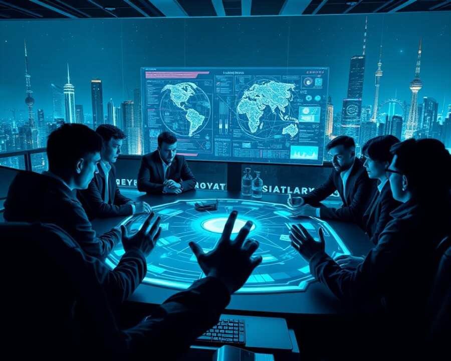 A group of cybersecurity experts gathered around a large holographic display, analyzing intricate network diagrams and threat intelligence data. The scene is bathed in a cool, azure glow, creating an atmosphere of focused collaboration and determination. Sleek, angular workstations and various monitoring screens create a high-tech, futuristic environment. In the foreground, hands gesture dynamically as the team discusses strategies to counter the emerging cyber threats posed by the Lazarus Group, their expressions intense and resolute. The background showcases a cityscape at night, with skyscrapers and communication towers silhouetted against a starry sky, emphasizing the global scale of their efforts.