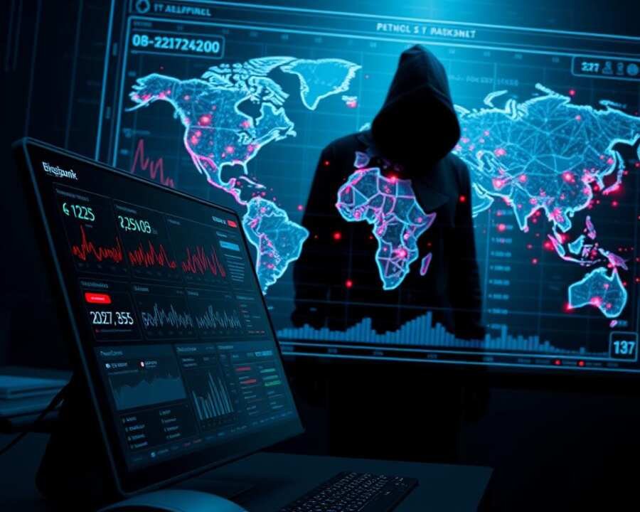 A high-contrast digital illustration depicting a financial threat analysis dashboard. In the foreground, a sleek, angular computer interface displays various financial metrics, risk indicators, and security alerts in a minimalist, data-driven style. The middle ground features a 3D holographic projection of global financial networks, highlighted by pulsing nodes and dynamic flow visualizations. In the background, a shadowy figure looms, hinting at the unseen forces and malicious actors lurking within the complex world of cybersecurity and geopolitical finance. Dramatic lighting casts an ominous, techno-thriller atmosphere, emphasizing the gravity and urgency of the financial threat analysis being conducted. A high-contrast digital illustration depicting a financial threat analysis dashboard. In the foreground, a sleek, angular computer interface displays various financial metrics, risk indicators, and security alerts in a minimalist, data-driven style. The middle ground features a 3D holographic projection of global financial networks, highlighted by pulsing nodes and dynamic flow visualizations. In the background, a shadowy figure looms, hinting at the unseen forces and malicious actors lurking within the complex world of cybersecurity and geopolitical finance. Dramatic lighting casts an ominous, techno-thriller atmosphere, emphasizing the gravity and urgency of the financial threat analysis being conducted.