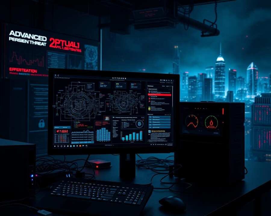 A high-contrast, gritty, futuristic scene depicting advanced persistent threat (APT) analysis. In the foreground, a sleek, dark-colored desktop computer monitor displays a complex network diagram, data visualizations, and security alerts. The middle ground features various cybersecurity tools and equipment, including a server rack, network switches, and diagnostic devices. The background is shrouded in an ominous, techno-dystopian atmosphere, with glowing circuit boards, holographic displays, and a cityscape obscured by a haze of digital interference. Dramatic lighting casts sharp shadows, creating a sense of tension and urgency. The overall aesthetic is one of cutting-edge technology, deep investigation, and the constant struggle against sophisticated cyber threats.