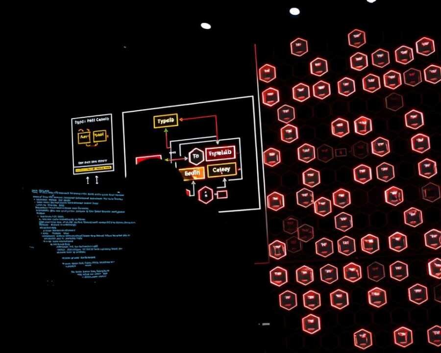 A high-contrast, technologically-advanced scene depicting the "TypeLib Hijacking" persistence technique. In the foreground, a shadowy figure manipulates a command-line interface, executing complex scripts. The middle ground features a schematic diagram of a computer system, with highlighted components representing the targeted TypeLib vulnerabilities. In the background, a grid of hexagonal data structures pulses with an ominous energy, symbolizing the persistence and stealth of the attack. The lighting is stark, with dramatic highlights and shadows, conveying a sense of urgency and danger. The overall composition evokes a sense of technological prowess and the sophisticated, stealthy nature of the "Storm-1811" hacker group's tactics.
