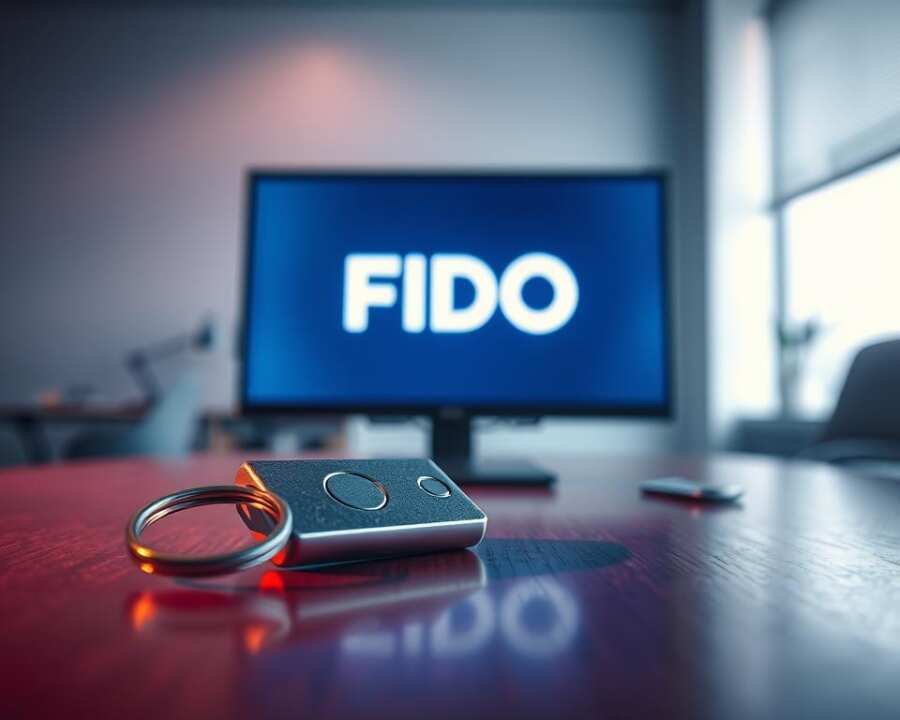 A high-resolution, hyper-realistic image of FIDO security authentication. In the foreground, a sleek, silver hardware security key, its surface reflecting the warm lighting. In the middle ground, a computer screen displaying the FIDO logo, glowing with a soft, azure hue. The background is a minimalist, monochromatic office setting, with clean lines and subtle shadows, conveying a sense of modern, technological sophistication. The overall atmosphere is one of precision, security, and digital protection, capturing the essence of FIDO's role in safeguarding sensitive information. A high-resolution, hyper-realistic image of FIDO security authentication. In the foreground, a sleek, silver hardware security key, its surface reflecting the warm lighting. In the middle ground, a computer screen displaying the FIDO logo, glowing with a soft, azure hue. The background is a minimalist, monochromatic office setting, with clean lines and subtle shadows, conveying a sense of modern, technological sophistication. The overall atmosphere is one of precision, security, and digital protection, capturing the essence of FIDO's role in safeguarding sensitive information.