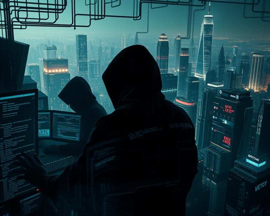 A high-stakes cryptocurrency heist unfolds amid a labyrinth of digital shadows. In the foreground, a team of hooded figures, their faces obscured by the glow of multiple screens, orchestrate a complex series of transactions and hacks. The middle ground reveals a tangle of code, cascading data streams, and the faint outline of a cryptocurrency exchange platform. In the background, a cityscape pulses with the energy of a bustling metropolis, the towering skyscrapers casting long shadows across the scene. The lighting is dramatic, with stark contrasts between light and shadow, evoking a sense of tension and urgency. The overall mood is one of intense, clandestine activity, as the Lazarus Group's expertise in cryptocurrency exploitation is brought to life.
