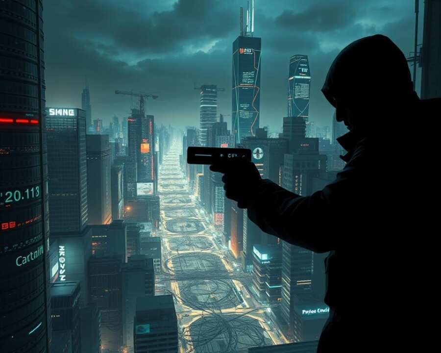 A high-tech cityscape at night, illuminated by the glow of digital interfaces and holographic displays. In the foreground, a shadowy figure wielding a sleek, futuristic device - a tool for evading detection and bypassing security measures. The middle ground features a tangle of digital infrastructure, servers, and communication arrays, hinting at the complex networks that facilitate covert operations. In the background, towering skyscrapers and a deep, moody sky set the stage for a world of cyber warfare and advanced adversarial tactics. The scene conveys a sense of ominous power, where the boundaries of technology and human ingenuity blur, and the lines between defense and evasion are ever-shifting.