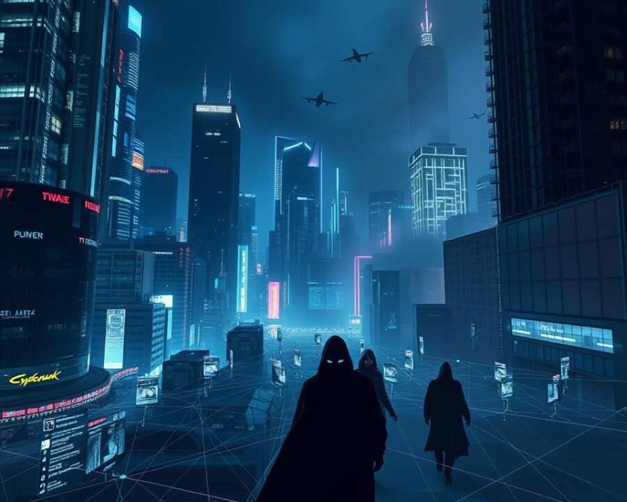 A high-tech cityscape at night, towering skyscrapers and sleek cyberpunk architecture illuminated by neon lights and holographic displays. In the foreground, a web of data streams and digital signatures intertwine, hinting at the intricate web of global cyber espionage. In the midground, cloaked figures dart between shadows, their movements tracked by a complex network of surveillance cameras and AI-powered analytics. The background is shrouded in an ominous haze, suggesting the scale and pervasiveness of the threat. Dramatic chiaroscuro lighting creates a sense of tension and unease, while a moody color palette of blues, purples, and grays conveys the gravity of the situation. This scene captures the global landscape of cyber espionage in 2025, a world of high-stakes information warfare.