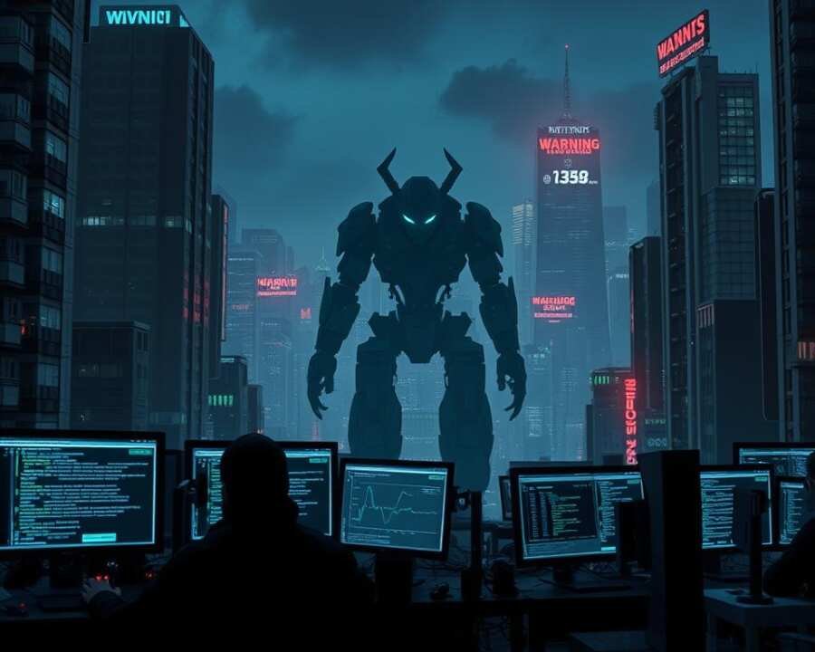 A high-tech cityscape at night, with skyscrapers and neon lights casting an eerie glow. In the foreground, a group of shadowy figures operate advanced computer terminals, their faces obscured by the glow of screens. Intricate lines of code and digital patterns cascade across the monitors, hinting at the sophisticated cyber warfare tactics unfolding. The middle ground is dominated by a massive, looming silhouette of a monstrous, mechanical entity - a symbol of the formidable, China-based hacker group Admin@338 and their relentless cyber attacks. In the distance, the skyline is punctuated by glowing holographic displays, flashing with warning signs and alerts, creating a sense of unease and impending danger. A high-tech cityscape at night, with skyscrapers and neon lights casting an eerie glow. In the foreground, a group of shadowy figures operate advanced computer terminals, their faces obscured by the glow of screens. Intricate lines of code and digital patterns cascade across the monitors, hinting at the sophisticated cyber warfare tactics unfolding. The middle ground is dominated by a massive, looming silhouette of a monstrous, mechanical entity - a symbol of the formidable, China-based hacker group Admin@338 and their relentless cyber attacks. In the distance, the skyline is punctuated by glowing holographic displays, flashing with warning signs and alerts, creating a sense of unease and impending danger.