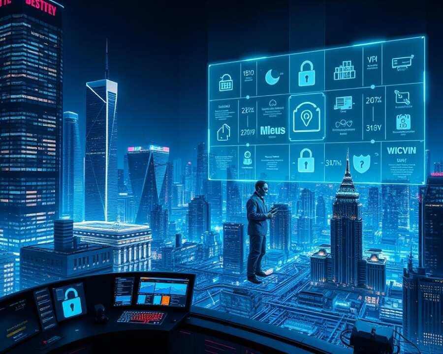 A high-tech cityscape at night, with towering skyscrapers and a dynamic array of digital security systems. In the foreground, a futuristic control panel displays real-time data and analytical insights, guarded by a team of cybersecurity experts. The middle ground features a network of interconnected devices, each secured by robust encryption and intrusion detection protocols. In the background, a holographic projection showcases a range of advanced mitigation strategies, from firewalls and VPNs to machine learning-powered threat detection. The overall scene conveys a sense of technological sophistication and proactive defense against the ever-evolving threats of the digital landscape.