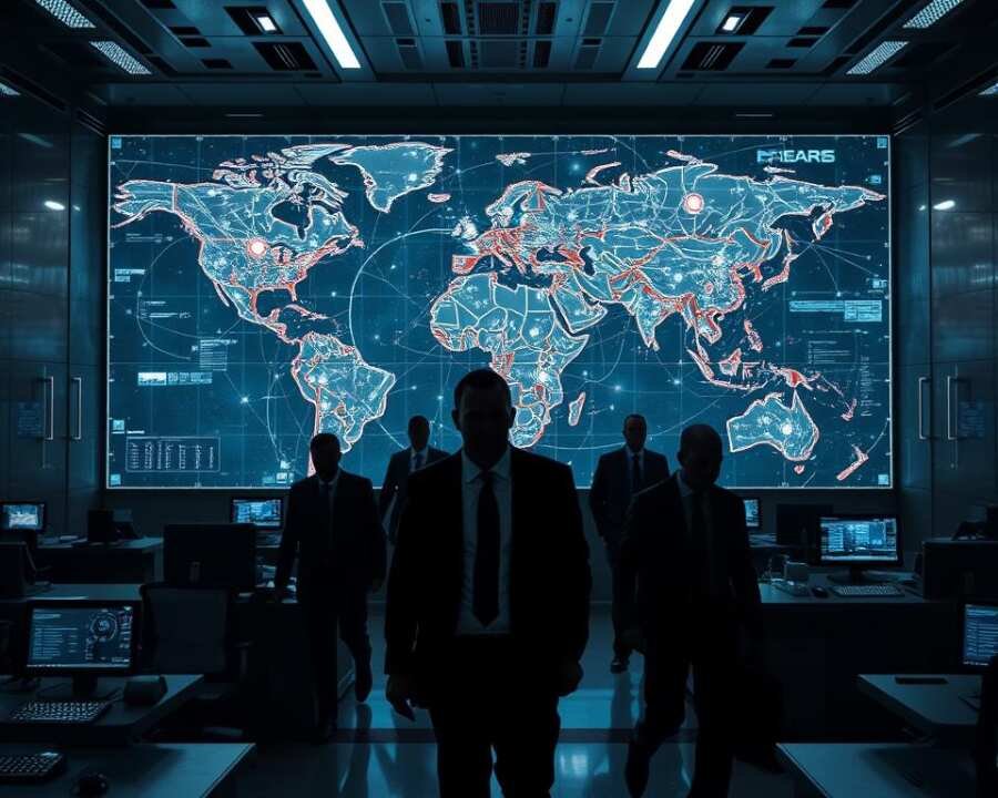 A high-tech command center with a large holographic map of the world, its continents and oceans illuminated by an array of glowing data points and connection lines. Imposing steel-gray walls and terminals with intricate user interfaces suggest a secretive, clandestine operation. Shadowy figures in dark suits and ties move about the space, their faces obscured, engaged in intense cyber-espionage activities. The scene conveys a sense of unease, danger, and the sophisticated, cat-and-mouse nature of modern intelligence gathering and information warfare.