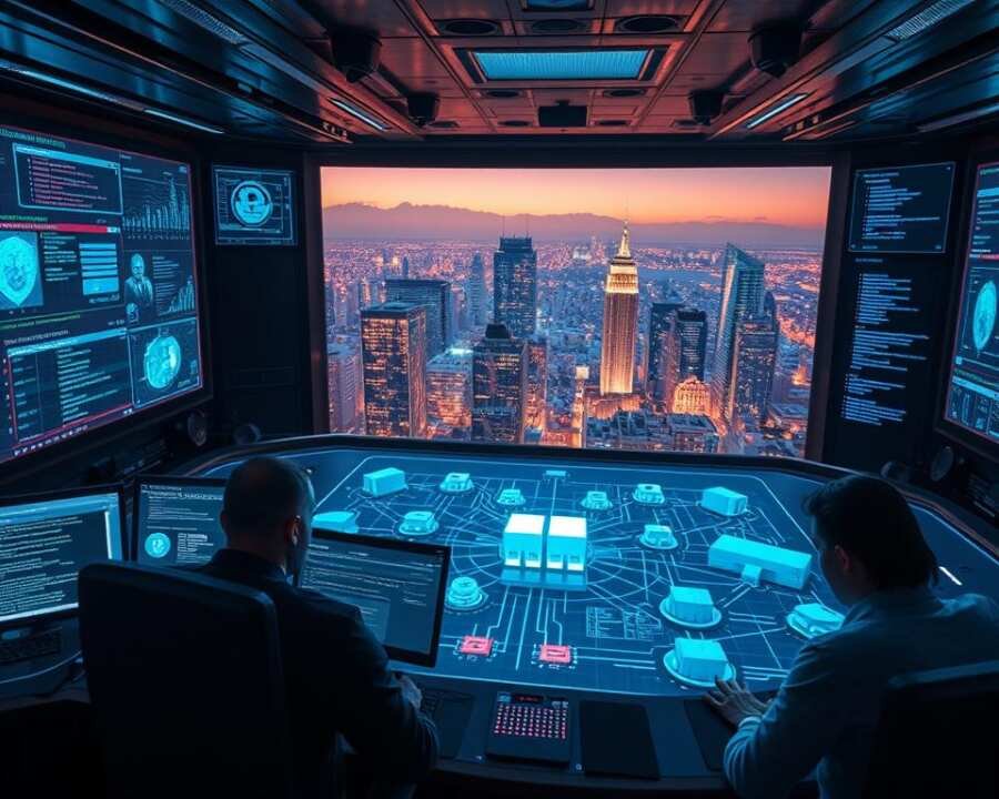 A high-tech command center with holographic displays showcasing various cybersecurity measures. In the foreground, a team of analysts poring over threat intelligence data, their faces illuminated by the glow of screens. In the middle ground, a 3D model of a network topology, with security protocols and firewalls visually represented. The background features a panoramic view of a city skyline, symbolizing the scale and complexity of the cyber landscape. Soft, ambient lighting creates a sense of focus and intensity, as the team works to devise effective mitigation strategies against the Machete APT-C-43 threat.