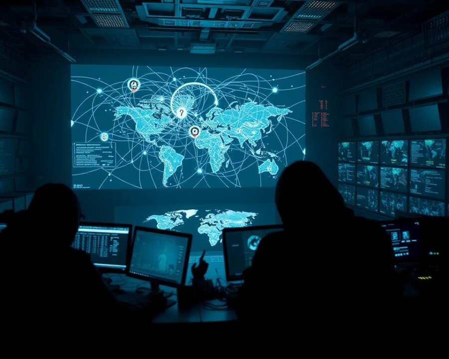 A high-tech control room, dimly lit with an ominous atmosphere. In the foreground, silhouetted figures of hackers hunched over computer terminals, their fingers rapidly typing commands. Projected on the large central screen, a tangled web of connections and data flows, indicating the collaboration between multiple threat groups. The middle ground shows a holographic map, with markers denoting the global reach of their operations. In the background, a bank of monitors displays real-time footage of cyber attacks unfolding across the world. The overall scene conveys a sense of power, coordination, and the ominous threat posed by these collective adversaries. A high-tech control room, dimly lit with an ominous atmosphere. In the foreground, silhouetted figures of hackers hunched over computer terminals, their fingers rapidly typing commands. Projected on the large central screen, a tangled web of connections and data flows, indicating the collaboration between multiple threat groups. The middle ground shows a holographic map, with markers denoting the global reach of their operations. In the background, a bank of monitors displays real-time footage of cyber attacks unfolding across the world. The overall scene conveys a sense of power, coordination, and the ominous threat posed by these collective adversaries.