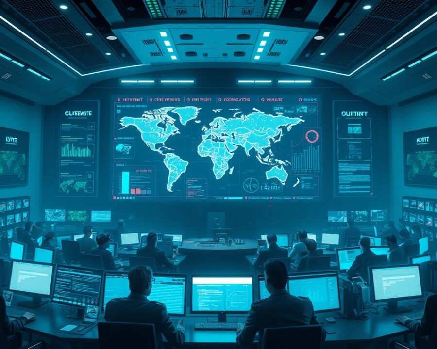 A high-tech control room with a large holographic display in the center, showing a world map with various threat indicators and data visualizations. In the foreground, a team of analysts in futuristic uniforms huddle around workstations, studying the data intently. Soft blue and green lighting casts an ominous glow, creating a sense of urgency and importance. The background features sleek, minimalist architecture with various monitoring screens and security systems. The overall atmosphere conveys the gravity of the situation and the need for vigilance against emerging cyber threats.