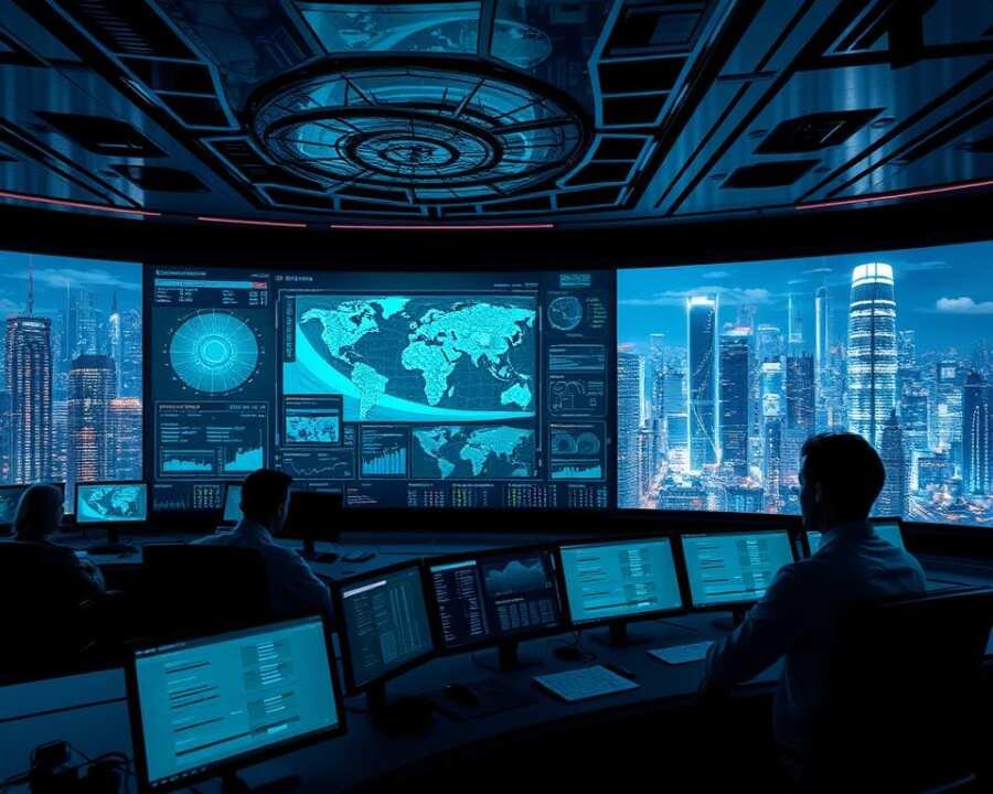 A high-tech control room with a massive holographic display showing intricate cybersecurity monitoring systems. In the foreground, a team of analysts intently studying data visualizations and dashboards, their expressions focused and determined. The background is filled with a futuristic cityscape, skyscrapers glowing with digital activity. Dramatic lighting casts sharp shadows, creating a sense of intensity and urgency. Sleek, minimalist design elements accentuate the advanced technological environment. The overall mood is one of vigilance, preparedness, and the relentless pursuit of security in the digital age.
