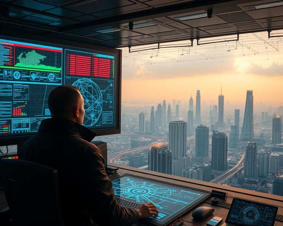 A high-tech control room with holographic displays and advanced analytical tools. In the foreground, an operator monitors a 3D model of a network, color-coded alerts flashing across the screen. In the middle ground, an AI-powered behavioral analysis system scans for anomalies, its algorithms sifting through vast troves of data. The background features a panoramic view of a cityscape, its skyscrapers and infrastructure connected by a complex web of digital pathways. Soft, ambient lighting creates a sense of focus and intensity, while the overall atmosphere conveys a balance of technological sophistication and vigilant security.
