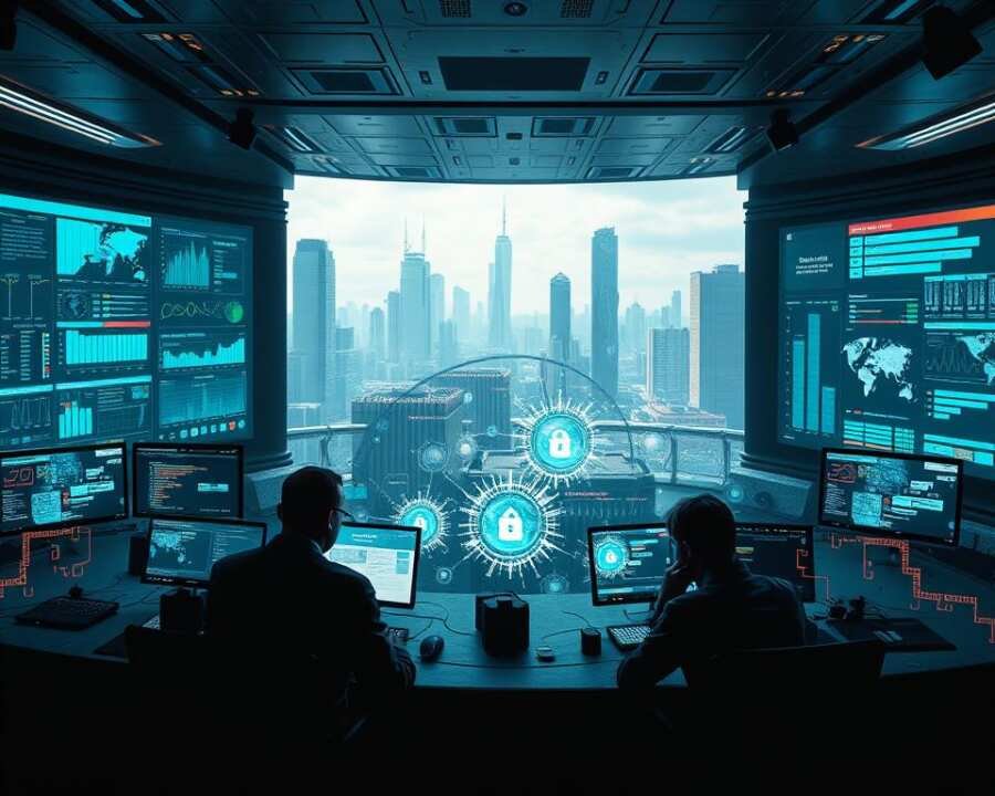 A high-tech cybersecurity command center, with a panoramic display showcasing complex data visualizations and real-time threat monitoring. In the foreground, a team of analysts scrutinizing security dashboards, their faces illuminated by the glow of multiple screens. Strategically placed holographic projections in the middle ground depict various cybersecurity mitigation tactics, from firewalls and encryption to advanced threat detection algorithms. The background is a futuristic cityscape, with skyscrapers and towers representing the digital infrastructure that requires vigilant protection. Dramatic lighting casts long shadows, conveying the gravity of the situation, while a subtle blue-green color palette evokes a sense of technological sophistication and control.