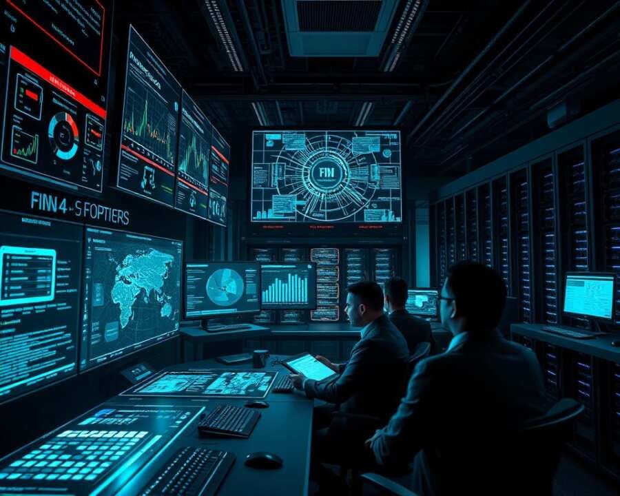 A high-tech cybersecurity command center, with holographic displays and interfaces showcasing FIN4 hacker group mitigation strategies. In the foreground, a team of cybersecurity experts analyze intricate data visualizations, monitoring threat indicators and implementing real-time response protocols. The middle ground features advanced security algorithms and network topologies, while the background depicts a dimly lit server room with blinking lights and racks of computing hardware. The scene conveys a sense of urgency, professionalism, and the cutting-edge nature of modern cybersecurity practices designed to thwart sophisticated hacker groups like FIN4.