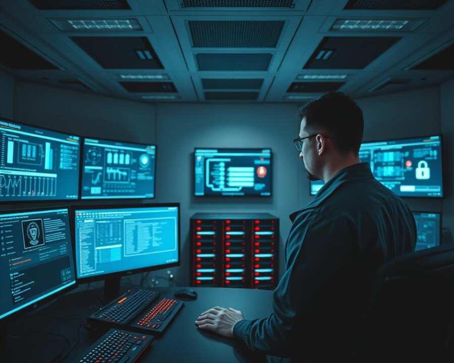 A high-tech cybersecurity control center, with multiple screens displaying real-time data and threat analysis. In the foreground, a security analyst intently monitors the system, surrounded by futuristic user interfaces and 3D visualizations of network traffic and potential vulnerabilities. The middle ground features a cluster of servers and security appliances, their LEDs blinking in a mesmerizing pattern. The background showcases a sleek, minimalist interior design with clean lines and a muted color palette, exuding a sense of sophistication and control. Dramatic lighting casts long shadows, creating a serious, vigilant atmosphere befitting the critical nature of cybersecurity.