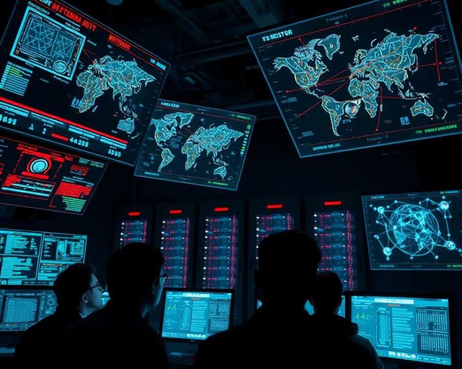 A high-tech cybersecurity control room, with multiple holographic displays projecting real-time threat data and network topography. In the foreground, a team of analysts scrutinize the screens, their expressions focused as they coordinate defensive maneuvers. The middle ground features a bank of server racks, their LED lights pulsing with activity. The background is shrouded in a dim, industrial atmosphere, with shadows cast by the soft glow of the monitors. The lighting is a balance of cool tones and dramatic highlights, creating a sense of technological power and vigilance. The camera angle is slightly elevated, providing an authoritative, bird's-eye view of the scene.
