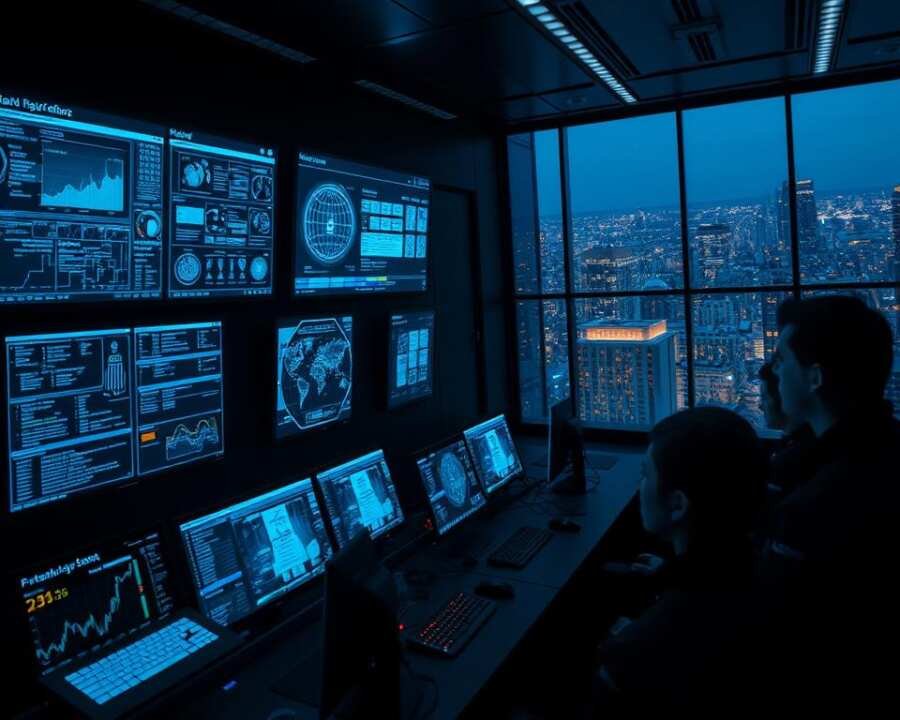A high-tech cybersecurity control room, with multiple holographic displays showing network traffic, threat analysis dashboards, and predictive algorithms. The room is dimly lit, with a sleek, futuristic aesthetic. In the foreground, a team of analysts in dark uniforms intently monitoring the screens, their faces illuminated by the blue glow. The middle ground features advanced cybersecurity hardware and networking equipment, while the background showcases a vast, sprawling city skyline, hinting at the scale and complexity of the threat landscape. The scene conveys a sense of intensity, vigilance, and the relentless battle against evolving cyber threats. A high-tech cybersecurity control room, with multiple holographic displays showing network traffic, threat analysis dashboards, and predictive algorithms. The room is dimly lit, with a sleek, futuristic aesthetic. In the foreground, a team of analysts in dark uniforms intently monitoring the screens, their faces illuminated by the blue glow. The middle ground features advanced cybersecurity hardware and networking equipment, while the background showcases a vast, sprawling city skyline, hinting at the scale and complexity of the threat landscape. The scene conveys a sense of intensity, vigilance, and the relentless battle against evolving cyber threats.