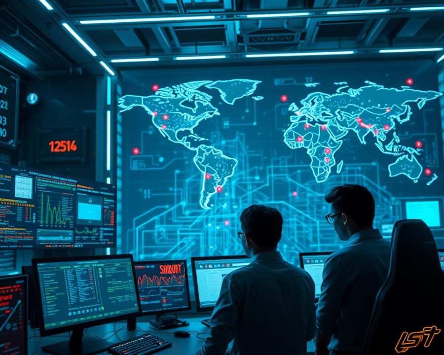 A high-tech security command center, featuring an array of holographic displays and data visualizations. In the foreground, a team of cybersecurity experts intently monitors threat indicators, their faces illuminated by the glow of the screens. The middle ground depicts a complex network architecture, with nodes and connections pulsing with real-time data. In the background, a vast, three-dimensional world map projects global threat patterns, with hot spots flashing ominously. The scene is bathed in a cool, blue-green lighting, conveying a sense of vigilance and urgency. The overall atmosphere is one of heightened awareness and advanced defensive capabilities, poised to detect and respond to emerging security threats. A high-tech security command center, featuring an array of holographic displays and data visualizations. In the foreground, a team of cybersecurity experts intently monitors threat indicators, their faces illuminated by the glow of the screens. The middle ground depicts a complex network architecture, with nodes and connections pulsing with real-time data. In the background, a vast, three-dimensional world map projects global threat patterns, with hot spots flashing ominously. The scene is bathed in a cool, blue-green lighting, conveying a sense of vigilance and urgency. The overall atmosphere is one of heightened awareness and advanced defensive capabilities, poised to detect and respond to emerging security threats.