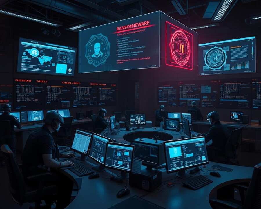 A high-tech security control room, with holographic displays showcasing FBI cybersecurity protocols. Sleek, futuristic workstations surrounded by a dimly lit, atmospheric environment. Agents in tactical gear analyze threat data, as 3D visualizations of ransomware attack vectors hover in the air. Muted color palette of blues, grays, and blacks, conveying a sense of professionalism and gravitas. Dramatic lighting casts sharp shadows, emphasizing the gravity of the situation. Camera angles showcase the scale and complexity of the FBI's cybersecurity operations, preparing for the next wave of digital threats.