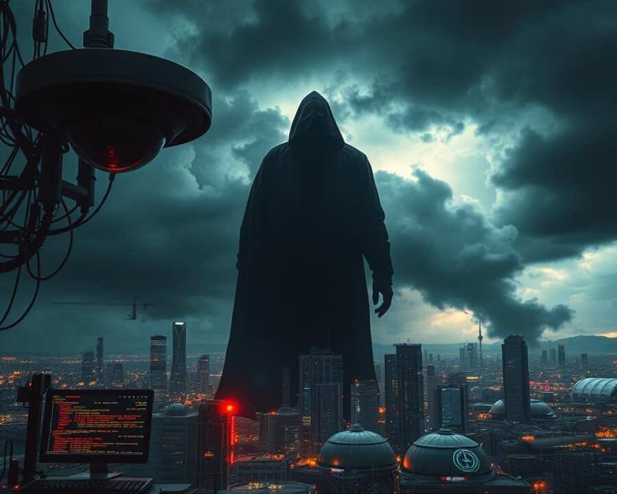 A high-tech surveillance system, ominous dark clouds, and a shadowy figure looming over an industrial landscape. In the foreground, a complex web of interconnected digital threats, data streams, and encrypted code fragments. Reflected in the glow of computer screens, a sense of unease and vulnerability. The middle ground features a cityscape of towering skyscrapers and critical infrastructure, under the watchful eye of the cybersecurity threat. In the background, a storm gathers, hinting at the growing intensity and sophistication of the attack. Dramatic lighting, a cinematic wide-angle lens, and a moody, ominous atmosphere convey the gravity of the situation.