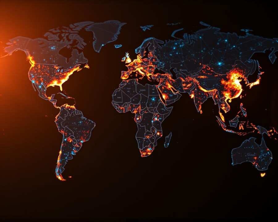 A highly detailed and photorealistic global map, illuminated by a warm, ambient light. The map is overlaid with intricate, dynamic heatmap visualizations that pulse and flare, representing the geographic distribution of sophisticated cyber attacks. The heatmap highlights regions experiencing the highest concentrations of malicious network activity, with the most intense areas glowing with an ominous, icy blue radiance. Subtle shadows and depth of field create a sense of depth and realism. The overall composition conveys a sense of both technological prowess and the growing global threat of malicious cyber operations. A highly detailed and photorealistic global map, illuminated by a warm, ambient light. The map is overlaid with intricate, dynamic heatmap visualizations that pulse and flare, representing the geographic distribution of sophisticated cyber attacks. The heatmap highlights regions experiencing the highest concentrations of malicious network activity, with the most intense areas glowing with an ominous, icy blue radiance. Subtle shadows and depth of field create a sense of depth and realism. The overall composition conveys a sense of both technological prowess and the growing global threat of malicious cyber operations.