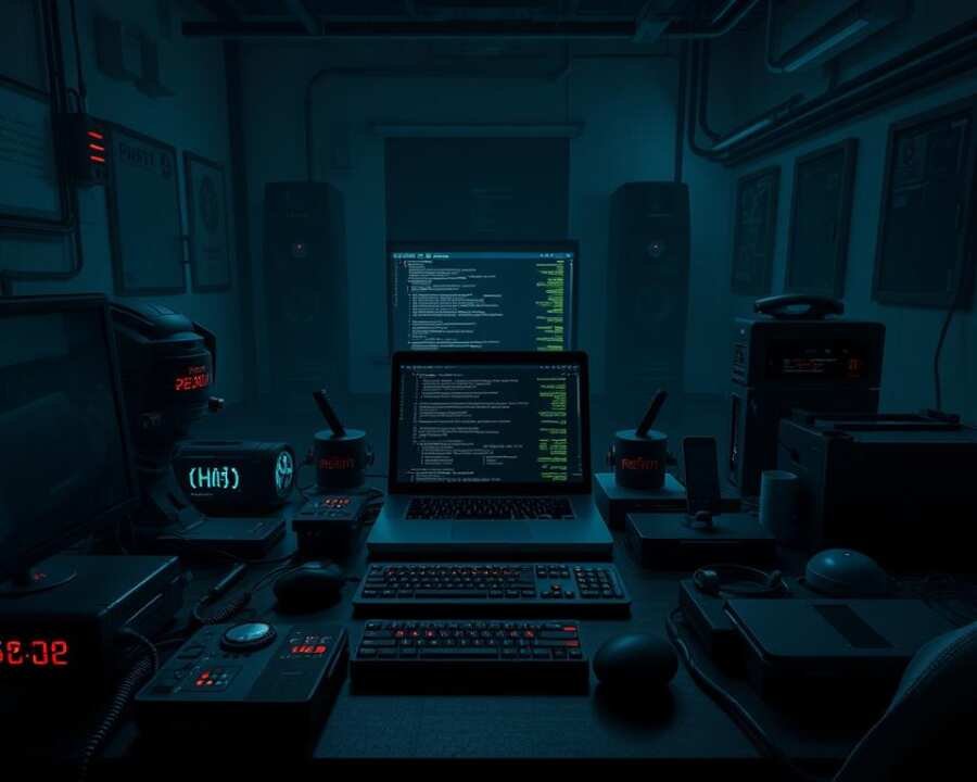A highly detailed and photorealistic illustration of a dark, shadowy workstation showcasing various malware tools and hacking utilities. In the foreground, an array of sleek, high-tech devices and gadgets, their ominous designs hinting at their nefarious purposes. In the middle ground, a laptop displaying complex code and data visualizations, bathed in the glow of its screen. In the background, a dimly lit room with minimalist, industrial-style decor, creating an atmosphere of secretive, clandestine activity. The lighting is dramatic, with strategic use of shadows and highlights to enhance the sense of mystery and danger. The overall composition conveys a sense of the advanced, sophisticated nature of the tools and techniques employed by the Fox Kitten hacker group.