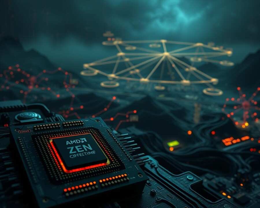 A highly detailed and technical schematic diagram of AMD Zen CPU security vulnerabilities. In the foreground, a close-up view of the CPU architecture with labeled components and annotations highlighting specific flaws. In the middle ground, a network diagram illustrating attack vectors and data flow. In the background, a dark, ominous landscape with glowing binary code and digital artifacts, conveying the gravity and seriousness of the security issues. Dramatic lighting casts dramatic shadows, and the overall scene has a somber, foreboding atmosphere befitting the sensitive subject matter.