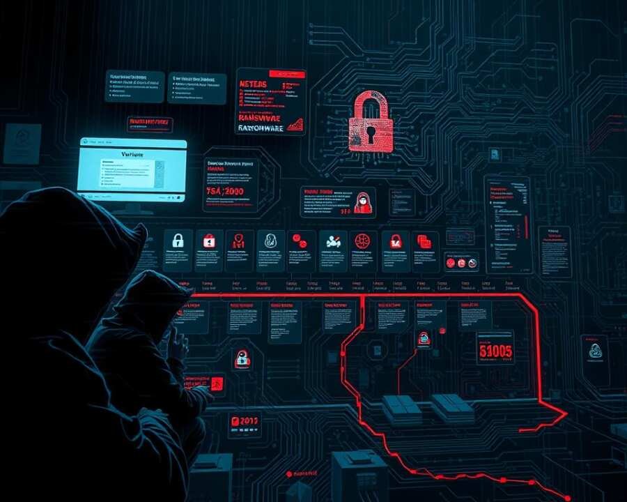 A highly detailed, cinematic illustration of the evolution of ransomware, showcasing its progression from basic point-of-sale malware to sophisticated, multi-stage attacks. The foreground depicts various ransomware variants, each with distinct visual characteristics, highlighted against a dark, ominous background. The middle ground features a timeline of key ransomware events, conveyed through a dynamic, data-driven visualization. The background layer showcases the technological advancements that have fueled the ransomware ecosystem, with intricate schematics, circuit diagrams, and glowing data streams. The overall composition evokes a sense of both fascination and unease, reflecting the complex and ever-changing nature of this global threat. A highly detailed, cinematic illustration of the evolution of ransomware, showcasing its progression from basic point-of-sale malware to sophisticated, multi-stage attacks. The foreground depicts various ransomware variants, each with distinct visual characteristics, highlighted against a dark, ominous background. The middle ground features a timeline of key ransomware events, conveyed through a dynamic, data-driven visualization. The background layer showcases the technological advancements that have fueled the ransomware ecosystem, with intricate schematics, circuit diagrams, and glowing data streams. The overall composition evokes a sense of both fascination and unease, reflecting the complex and ever-changing nature of this global threat.