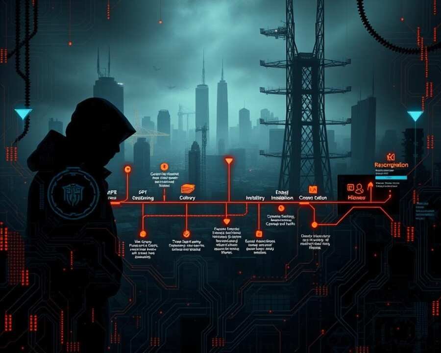 A highly detailed cybersecurity diagram depicting the stages of an advanced persistent threat (APT) attack lifecycle. Rendered in a dark, ominous tone with gritty, industrial textures. In the foreground, digital silhouettes of hackers and malware symbols, surrounded by a tangle of binary code and glowing circuit board patterns. The middle ground features a stylized timeline with interconnected nodes representing the key steps of reconnaissance, weaponization, delivery, exploitation, installation, command and control, and actions on objectives. In the background, a dystopian cityscape of skyscrapers and communication towers, enveloped in a sinister haze, symbolizing the vast scale and complexity of modern cyber threats. A highly detailed cybersecurity diagram depicting the stages of an advanced persistent threat (APT) attack lifecycle. Rendered in a dark, ominous tone with gritty, industrial textures. In the foreground, digital silhouettes of hackers and malware symbols, surrounded by a tangle of binary code and glowing circuit board patterns. The middle ground features a stylized timeline with interconnected nodes representing the key steps of reconnaissance, weaponization, delivery, exploitation, installation, command and control, and actions on objectives. In the background, a dystopian cityscape of skyscrapers and communication towers, enveloped in a sinister haze, symbolizing the vast scale and complexity of modern cyber threats.