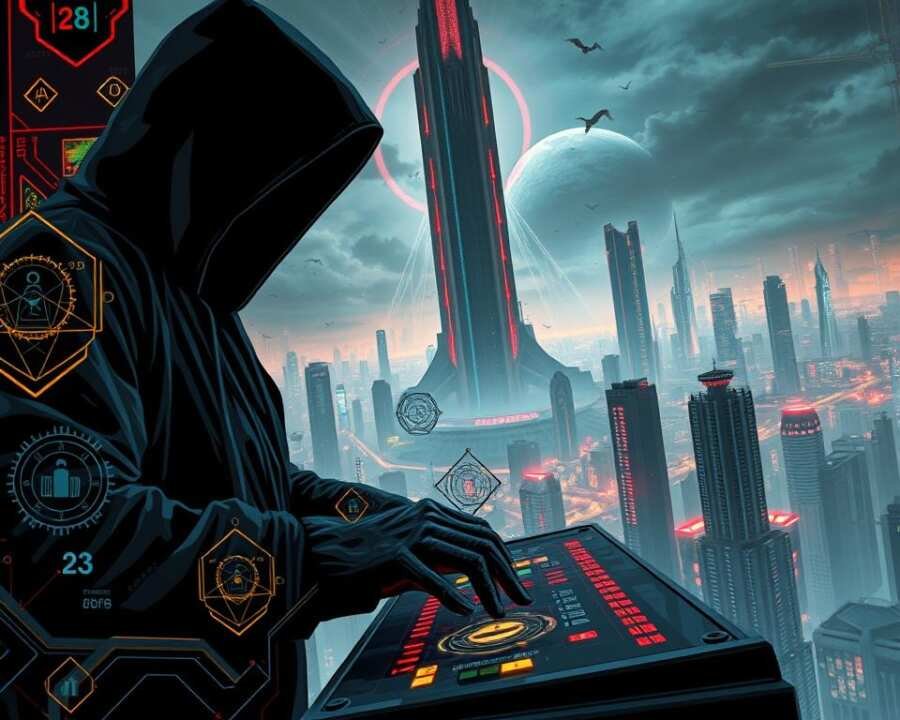 A highly stylized and dramatic digital illustration depicting the persistent techniques of a sophisticated cyber attack. In the foreground, a hooded figure shrouded in shadows manipulates a futuristic-looking control panel, fingers dancing across glowing interfaces. Surrounding the figure, abstract data streams and geometric shapes pulsate with an eerie, neon-tinged glow, suggesting the intricate web of malicious code infiltrating secure systems. In the middle ground, towering monolithic structures loom, their surfaces etched with glyphs and arcane symbols, representing the hardened defenses the attacker must overcome. The background is a hyper-detailed cityscape, its skyscrapers and infrastructure crisscrossed by a labyrinth of wires and circuitry, hinting at the scale and scope of the cyber onslaught. An unsettling, futuristic atmosphere pervades the scene, conveying the persistent and all-encompassing nature of the attack. A highly stylized and dramatic digital illustration depicting the persistent techniques of a sophisticated cyber attack. In the foreground, a hooded figure shrouded in shadows manipulates a futuristic-looking control panel, fingers dancing across glowing interfaces. Surrounding the figure, abstract data streams and geometric shapes pulsate with an eerie, neon-tinged glow, suggesting the intricate web of malicious code infiltrating secure systems. In the middle ground, towering monolithic structures loom, their surfaces etched with glyphs and arcane symbols, representing the hardened defenses the attacker must overcome. The background is a hyper-detailed cityscape, its skyscrapers and infrastructure crisscrossed by a labyrinth of wires and circuitry, hinting at the scale and scope of the cyber onslaught. An unsettling, futuristic atmosphere pervades the scene, conveying the persistent and all-encompassing nature of the attack.