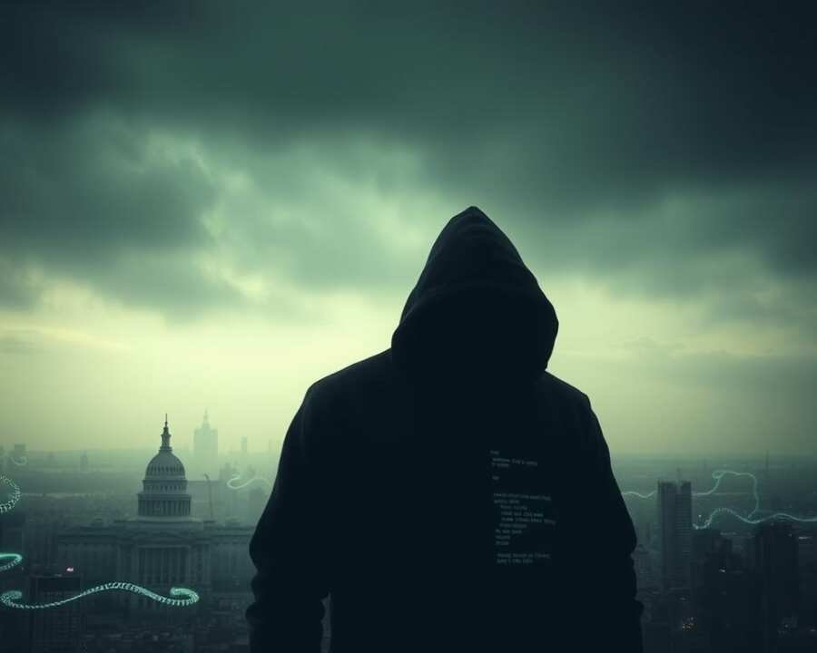 A large, ominous silhouette of a cyber attacker looms over a cityscape, their face obscured by a hoodie. In the foreground, glowing lines of code snake across a shadowy backdrop, hinting at the technical sophistication of the threat. The sky is tinted an eerie, foreboding shade, casting an unsettling atmosphere. Amidst the scene, the faint outlines of government buildings and critical infrastructure suggest the target of these state-sponsored cyber attacks. Dramatic lighting and a cinematic camera angle heighten the sense of tension and impending danger.
