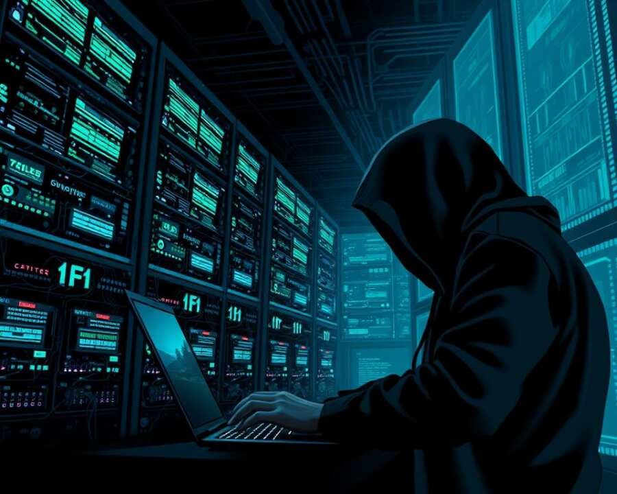 A large server farm illuminated by a grid of monitors, displaying a complex web of digital connections and flashing data streams. In the foreground, a hooded figure hunched over a laptop, their fingers flying across the keyboard as they infiltrate the system. The air is charged with a sense of urgency and technological unease, the room bathed in a cool, blue-green hue that heightens the clandestine atmosphere. Shadows and lines create a sense of depth and dynamism, while the overall scene conveys the high-stakes, covert nature of the "Operation Clandestine Fox" cyberattack. A large server farm illuminated by a grid of monitors, displaying a complex web of digital connections and flashing data streams. In the foreground, a hooded figure hunched over a laptop, their fingers flying across the keyboard as they infiltrate the system. The air is charged with a sense of urgency and technological unease, the room bathed in a cool, blue-green hue that heightens the clandestine atmosphere. Shadows and lines create a sense of depth and dynamism, while the overall scene conveys the high-stakes, covert nature of the "Operation Clandestine Fox" cyberattack.
