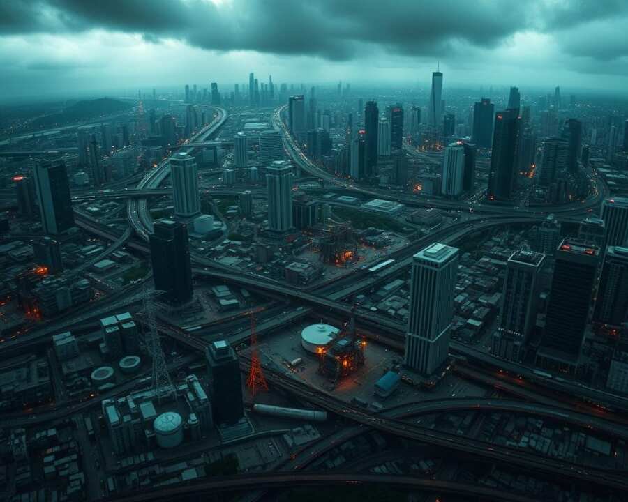 A panoramic view of a densely populated urban landscape, with towering skyscrapers, sprawling infrastructure, and a network of roads, railways, and utility lines. In the foreground, key facilities like power plants, water treatment plants, telecommunications hubs, and transportation nodes stand out, their vital importance emphasized by a sense of scale and interconnectedness. The scene is bathed in a somber, ominous light, as if the calm before a storm, hinting at the vulnerability and fragility of these critical systems. The image conveys a sense of foreboding, a reminder of the high-stakes nature of securing these essential infrastructure targets.