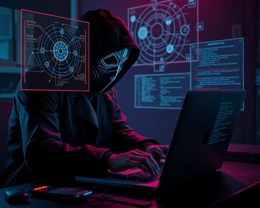 A shadowy cybersecurity operative, clad in a dark suit and mask, hunches over a laptop, fingers flying across the keyboard. The dim, neon-lit workspace exudes an air of clandestine activity, the glow of the screen casting a ghostly pallor on the figure's face. Holographic displays flicker, revealing intricate network diagrams and lines of code - the tools of the trade for this skilled practitioner of post-exploitation tactics. The scene conveys a sense of stealth, precision, and the constant struggle to evade detection and maintain persistent access to compromised systems.