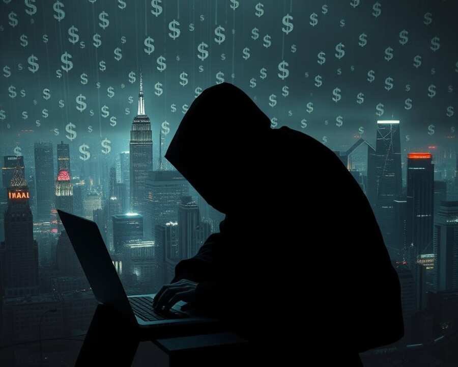 A shadowy figure hunched over a laptop, fingers frantically typing, as a sprawling web of dollar signs and financial data cascades across the screen. The dim, ominous lighting casts an eerie glow, heightening the sense of unease. In the background, a cityscape lies in ruin, its skyscrapers crumbling, reflecting the devastating financial toll of the cyber attack. The scene conveys the relentless and destructive nature of ransomware, leaving a trail of economic devastation in its wake.