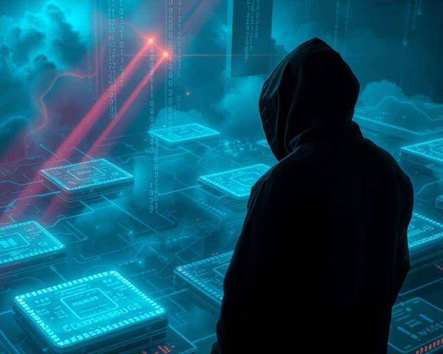 A shadowy figure looming over a cloud infrastructure, dark tendrils of code snaking through virtual servers. Intricate network diagrams glowing on a holographic display, exposing vulnerabilities. Ethereal beams of light cutting through the digital haze, tracing the path of a malicious intrusion. The environment casts an ominous, cyberpunk atmosphere, with moody lighting and a sense of impending danger. Advanced hacking tools and exploits lie ready, poised to infiltrate the cloud and unleash havoc. This is the unseen world of APT29's cloud security exploitation, a high-stakes battleground where the fate of critical systems hangs in the balance.
