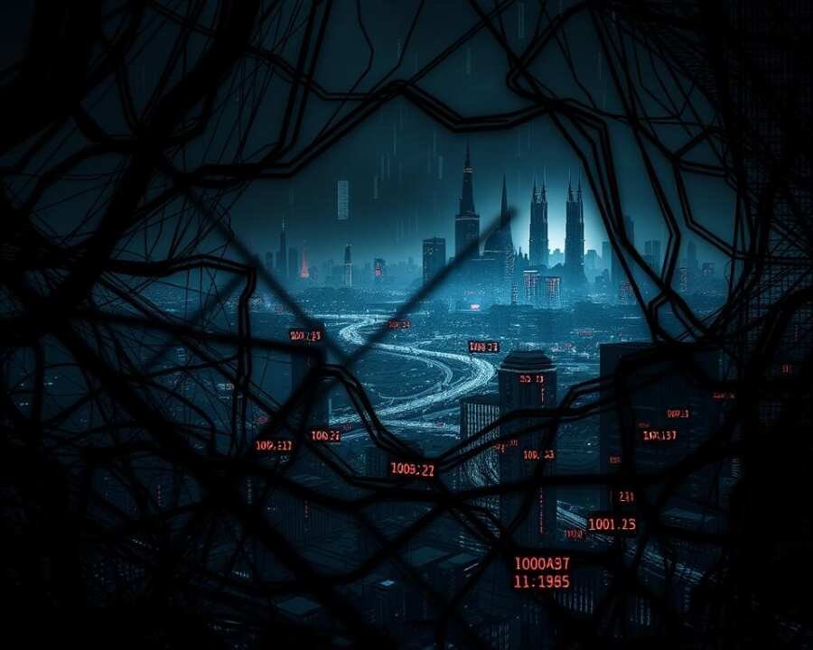 A shadowy network of digital pathways, pulsing with the ominous energy of a cyber attack. In the foreground, twisted lines and angular shapes suggest the intricate web of vulnerabilities, firewalls, and backdoors that hackers exploit. The middle ground is a maelstrom of binary code, cascading across the scene in a dizzying display of raw data. In the background, a ominous skyline of towering digital fortresses, their defenses breached by the relentless probing of skilled adversaries. The scene is illuminated by the eerie glow of computer screens, casting an unsettling light on the high-stakes game of digital espionage. Tension and foreboding permeate the atmosphere, hinting at the ceaseless struggle to safeguard critical infrastructure from the ever-evolving tactics of cyber attack vectors. A shadowy network of digital pathways, pulsing with the ominous energy of a cyber attack. In the foreground, twisted lines and angular shapes suggest the intricate web of vulnerabilities, firewalls, and backdoors that hackers exploit. The middle ground is a maelstrom of binary code, cascading across the scene in a dizzying display of raw data. In the background, a ominous skyline of towering digital fortresses, their defenses breached by the relentless probing of skilled adversaries. The scene is illuminated by the eerie glow of computer screens, casting an unsettling light on the high-stakes game of digital espionage. Tension and foreboding permeate the atmosphere, hinting at the ceaseless struggle to safeguard critical infrastructure from the ever-evolving tactics of cyber attack vectors.