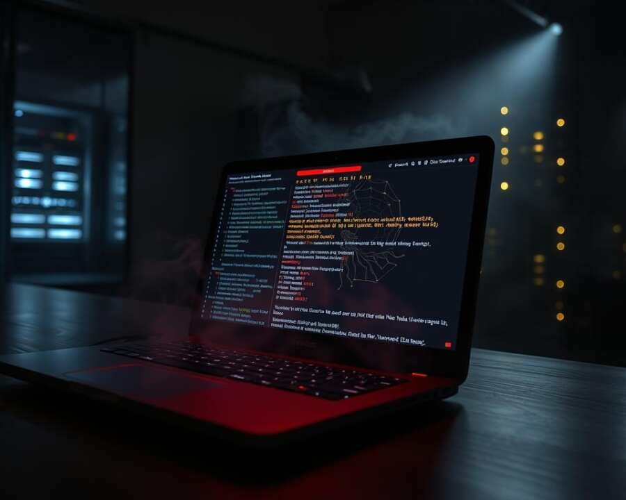 A sinister laptop screen casts an eerie glow in a dimly lit room, its display revealing the ominous Dridex malware interface. Intricate lines of code and symbols dance across the screen, hinting at the malicious intent of the Indrik Spider hacker group. The atmosphere is tense, with shadows creeping in the corners, suggesting the stealth and precision of their early operations. A haze of smoke adds to the foreboding mood, while the faint glow of server racks in the background conveys the scale and complexity of their cyber attacks. The camera angle is slightly tilted, creating a sense of unease and emphasizing the sense of threat posed by this infamous malware.