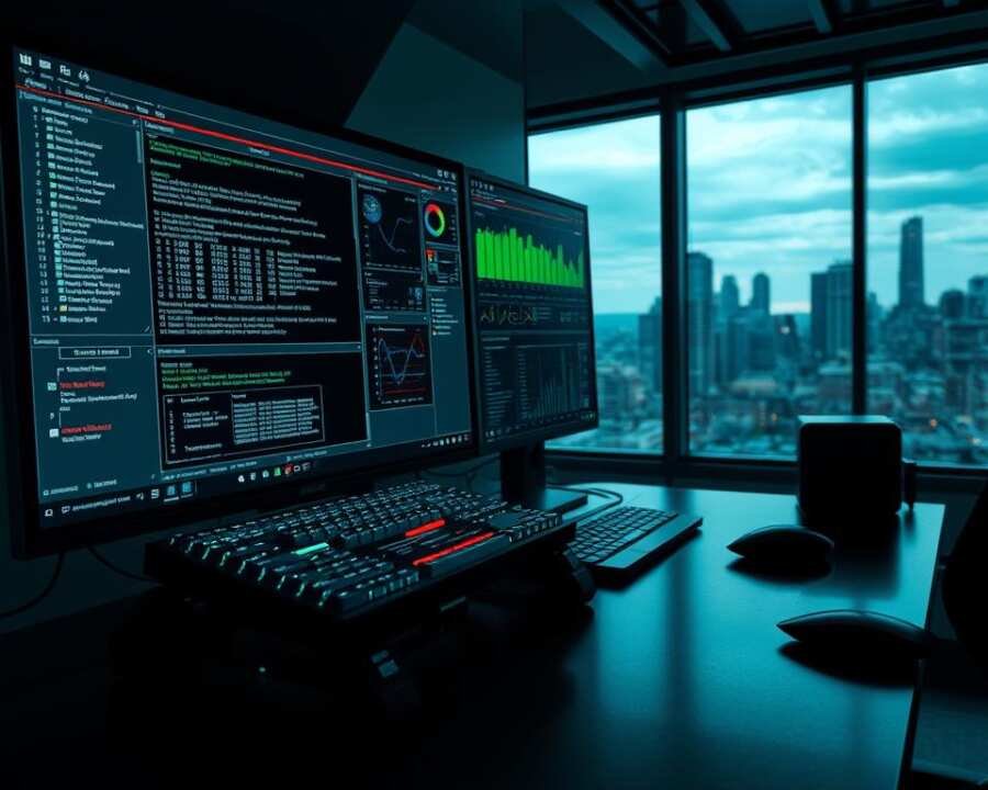 A sleek, high-tech computer desktop with a large monitor displaying a complex ransomware analysis interface. The foreground shows a 3D model of a ransomware variant, its intricate code structures visible. The middle ground features various windows with detailed graphs, charts, and logs analyzing the ransomware's behavior and spread. In the background, a city skyline can be seen through the window, hinting at the global impact of the cyberattack. Dramatic lighting casts deep shadows, creating an intense, serious atmosphere. The overall scene conveys a sense of urgency and the gravity of the cybersecurity challenge.