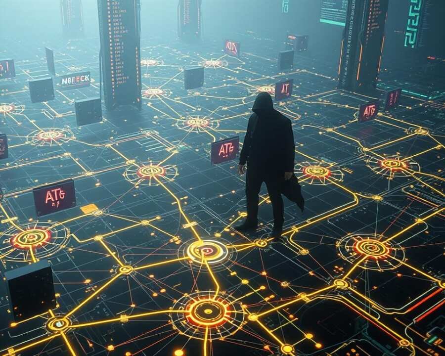 A sprawling, 3D cybersecurity landscape, illuminated by a haunting, neon-tinged glow. In the foreground, a detailed visualization of the MITRE ATT&CK framework, its interconnected techniques and tactics rendered in crisp, futuristic wireframes. The middle ground features a complex network of nodes and connections, representing the evolving threat landscape. In the background, an ominous, shadowy silhouette of a hacker group, their presence looming large over the scene. The overall atmosphere is one of high-tech intrigue, with a sense of both the power and the peril of advanced cyber threats. A sprawling, 3D cybersecurity landscape, illuminated by a haunting, neon-tinged glow. In the foreground, a detailed visualization of the MITRE ATT&CK framework, its interconnected techniques and tactics rendered in crisp, futuristic wireframes. The middle ground features a complex network of nodes and connections, representing the evolving threat landscape. In the background, an ominous, shadowy silhouette of a hacker group, their presence looming large over the scene. The overall atmosphere is one of high-tech intrigue, with a sense of both the power and the peril of advanced cyber threats.