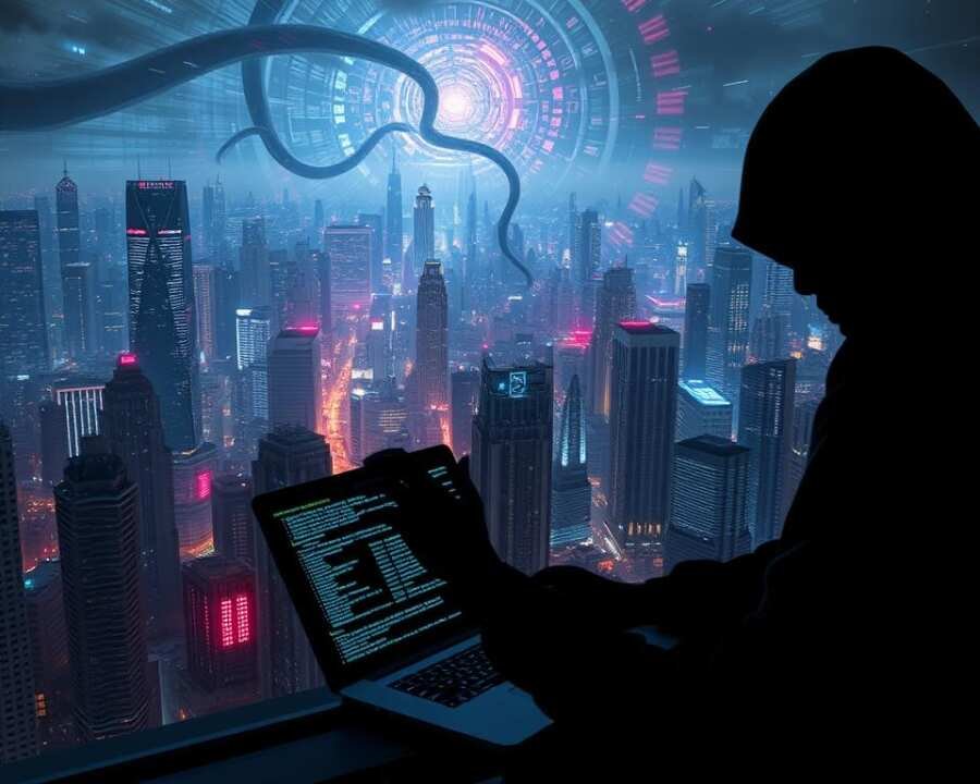 A sprawling cityscape at night, with skyscrapers and infrastructure cast in an ominous, neon-tinged glow. In the foreground, a shadowy figure hunched over a laptop, lines of code flickering across the screen. In the middle ground, digital tendrils snake through the urban landscape, infiltrating and disrupting critical systems. The background is a swirling vortex of data, with flashes of light and fragments of encrypted information, hinting at the vast, unseen forces at play. The overall atmosphere is one of tension, vulnerability, and the unsettling reality of geopolitical cyber threats in the modern world. A sprawling cityscape at night, with skyscrapers and infrastructure cast in an ominous, neon-tinged glow. In the foreground, a shadowy figure hunched over a laptop, lines of code flickering across the screen. In the middle ground, digital tendrils snake through the urban landscape, infiltrating and disrupting critical systems. The background is a swirling vortex of data, with flashes of light and fragments of encrypted information, hinting at the vast, unseen forces at play. The overall atmosphere is one of tension, vulnerability, and the unsettling reality of geopolitical cyber threats in the modern world.