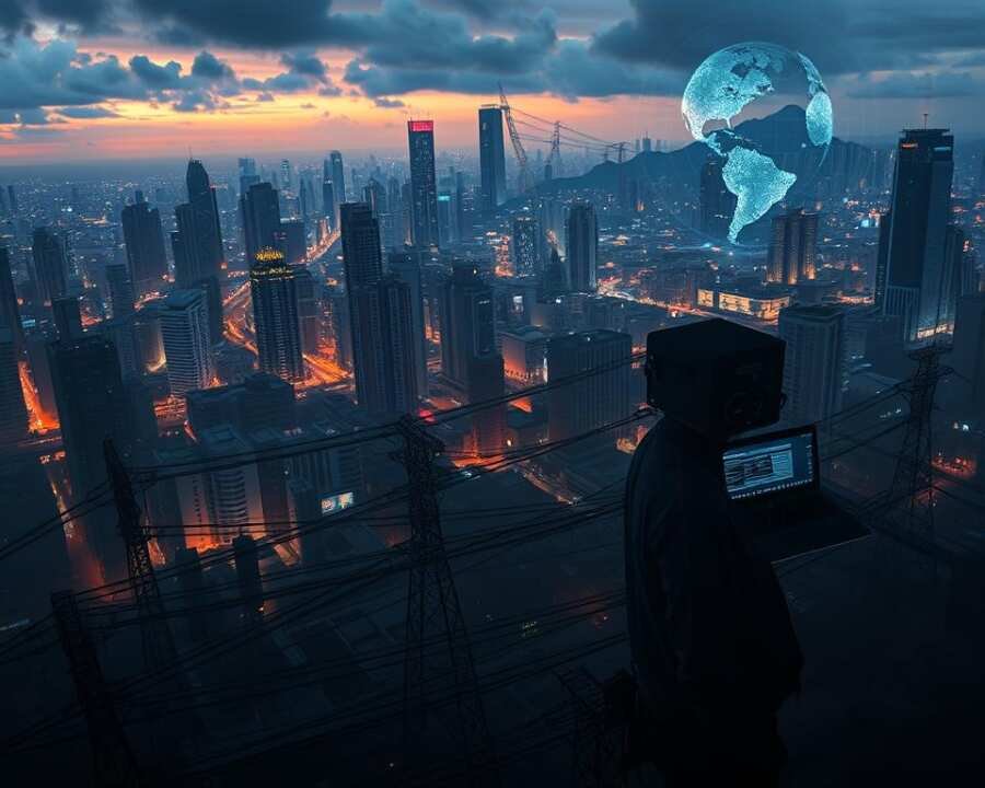 A sprawling cityscape of Latin American metropolises, with towering skyscrapers and bustling energy infrastructure. In the foreground, a complex network of power lines, transformers, and substations crisscross the urban landscape. Ominous shadows cast by the buildings suggest a sense of foreboding, as if a malicious cyber threat is lurking in the digital shadows. The middle ground depicts a team of cybersecurity professionals monitoring multiple screens, analyzing data and trying to defend against the looming threat. In the background, a swirling vortex of digital code and security alerts hints at the sophisticated nature of the attack, leaving the viewer with a sense of unease and the realization that the energy sector is a prime target for cyber criminals.