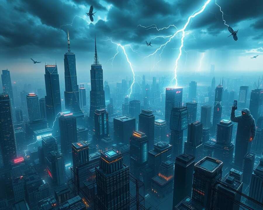 A sprawling cityscape shrouded in a digital haze, with towering skyscrapers interspersed with glitching holographic displays. In the foreground, a tangled web of cables and circuit boards, pulsing with an ominous energy. Amidst the chaos, ghostly figures of hackers loom, their fingers dancing across keyboards, unleashing a cascade of digital attacks. The sky above is a roiling mass of data storms, lightning bolts of code sizzling through the air, symbolizing the far-reaching impacts of cyber threats on the modern urban landscape.