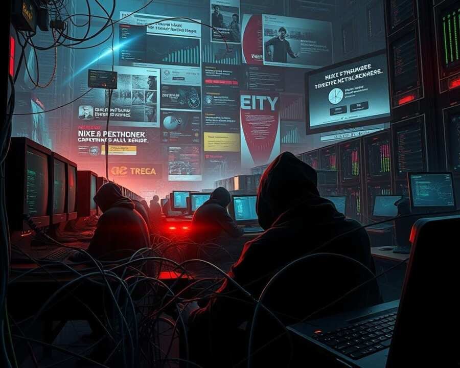 A sprawling digital landscape, illuminated by the eerie glow of computer screens and the flickering lights of servers. In the foreground, a tangle of wires and cables snakes across the scene, symbolizing the complex web of cyber warfare. Figures in dark hoodies hunched over keyboards, fingers flying, their faces cast in deep shadow, the only clues to their identities. In the background, a montage of news headlines and data visualizations, hinting at the scale and impact of historical cyber campaigns. The atmosphere is tense, ominous, the sense of an ongoing digital battle palpable. Cinematic lighting and a high-contrast, moody color palette evoke the gravity and high-stakes nature of this subject matter. A sprawling digital landscape, illuminated by the eerie glow of computer screens and the flickering lights of servers. In the foreground, a tangle of wires and cables snakes across the scene, symbolizing the complex web of cyber warfare. Figures in dark hoodies hunched over keyboards, fingers flying, their faces cast in deep shadow, the only clues to their identities. In the background, a montage of news headlines and data visualizations, hinting at the scale and impact of historical cyber campaigns. The atmosphere is tense, ominous, the sense of an ongoing digital battle palpable. Cinematic lighting and a high-contrast, moody color palette evoke the gravity and high-stakes nature of this subject matter.