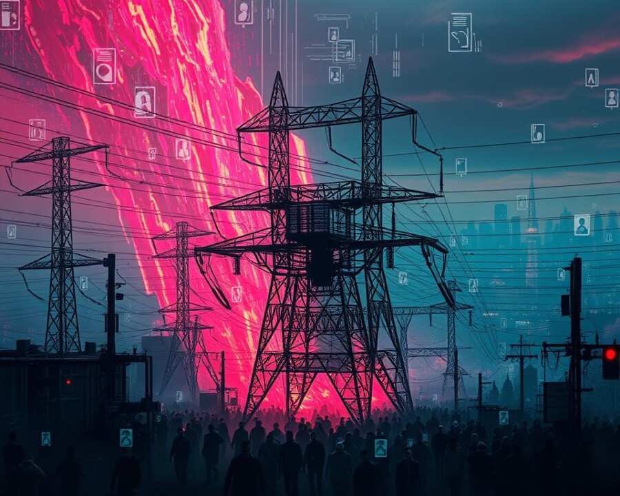 A sprawling, dystopian cityscape wreathed in a sinister digital haze. In the foreground, a towering power grid substation is engulfed in a cascade of glitching, neon-hued electrical discharges, its infrastructure seemingly compromised by a sophisticated cyberattack. Jagged shards of code and corrupted data streams swirl ominously, while shadowy figures dart between pylons, orchestrating the chaos. The middle ground is a sea of panicked civilians fleeing the scene, the sky above streaked with the ominous glow of failing transformers. In the distant background, the city's skyline is shrouded in an eerie, electronic twilight, hinting at the scale and devastation of the ongoing assault on the power grid.
