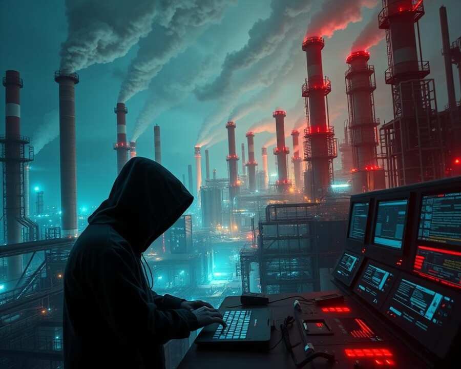 A sprawling industrial complex, shrouded in the eerie glow of digital disruption. Towering smokestacks belch plumes of data, as malicious code courses through the systems, causing machinery to spasm and grind to a halt. In the foreground, a shadowy figure, hooded and faceless, types furiously on a holographic keyboard, orchestrating the cyber assault. Neon-lit control panels flicker ominously, their displays corrupted by glitching, distorted imagery. The atmosphere is tense, foreboding, a stark testament to the vulnerability of our industrial infrastructure in the face of relentless cyber threats. A sprawling industrial complex, shrouded in the eerie glow of digital disruption. Towering smokestacks belch plumes of data, as malicious code courses through the systems, causing machinery to spasm and grind to a halt. In the foreground, a shadowy figure, hooded and faceless, types furiously on a holographic keyboard, orchestrating the cyber assault. Neon-lit control panels flicker ominously, their displays corrupted by glitching, distorted imagery. The atmosphere is tense, foreboding, a stark testament to the vulnerability of our industrial infrastructure in the face of relentless cyber threats.