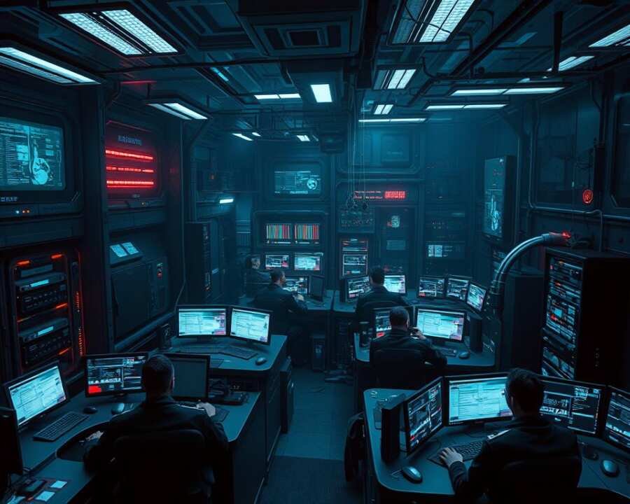 A sprawling network of interconnected servers, routers, and high-tech monitoring stations nestled within a dimly lit, futuristic command center. Holograms and 3D projections cast an eerie glow, illuminating the intricate web of data streams and communication channels. Operators clad in sleek, dark uniforms monitor an array of screens, their expressions intensely focused as they coordinate sophisticated cyber operations. Dramatic shadows cast by overhead lighting accentuate the sense of secrecy and covert activity. The atmosphere is tense, with an underlying current of technological power and strategic control.