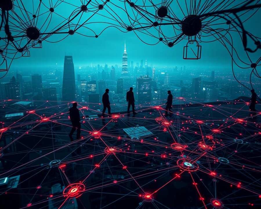 A striking technological landscape depicting the MITRE ATT&CK v17 framework. In the foreground, a complex web of interconnected nodes and vectors representing the diverse techniques, with each element intricately detailed. The middle ground features silhouettes of adversarial actors, their movements traced by glowing lines. In the background, a panoramic view of a futuristic cityscape, its skyscrapers and infrastructure hinting at the broader cybersecurity landscape. The scene is illuminated by a cool, metallic lighting, creating a sense of high-tech, stealth-like atmosphere. Rendered in a photorealistic style, the image conveys the technical depth and evolving nature of the MITRE ATT&CK framework in the context of the Stealth Falcon group's activities.
