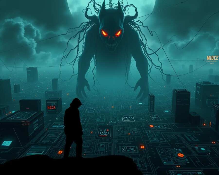 A sweeping landscape of the evolution of cyber threats, rendered in a cinematic, high-resolution style. In the foreground, a silhouetted figure representing the early days of hacking, transitioning into more advanced, shadowy forms symbolizing the rise of sophisticated cyber attacks. The middle ground depicts a complex network of digital nodes, cables, and icons, illustrating the growing complexity and interconnectedness of the cyber realm. In the background, a looming, ominous presence, with glowing eyes and tendrils of data, represents the persistent and ever-evolving nature of cyber threats. Dramatic lighting and a sense of depth create a sense of immersion and foreboding, reflecting the historical context and evolution of the Magic Hound hacker group's operations.